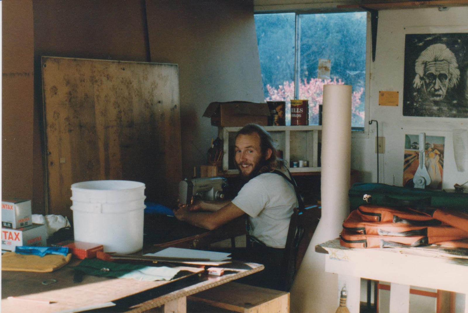 Tom at work in his garage/workshop, 1982. He was making cases for bowed psalteries — who woulda thunk it?
