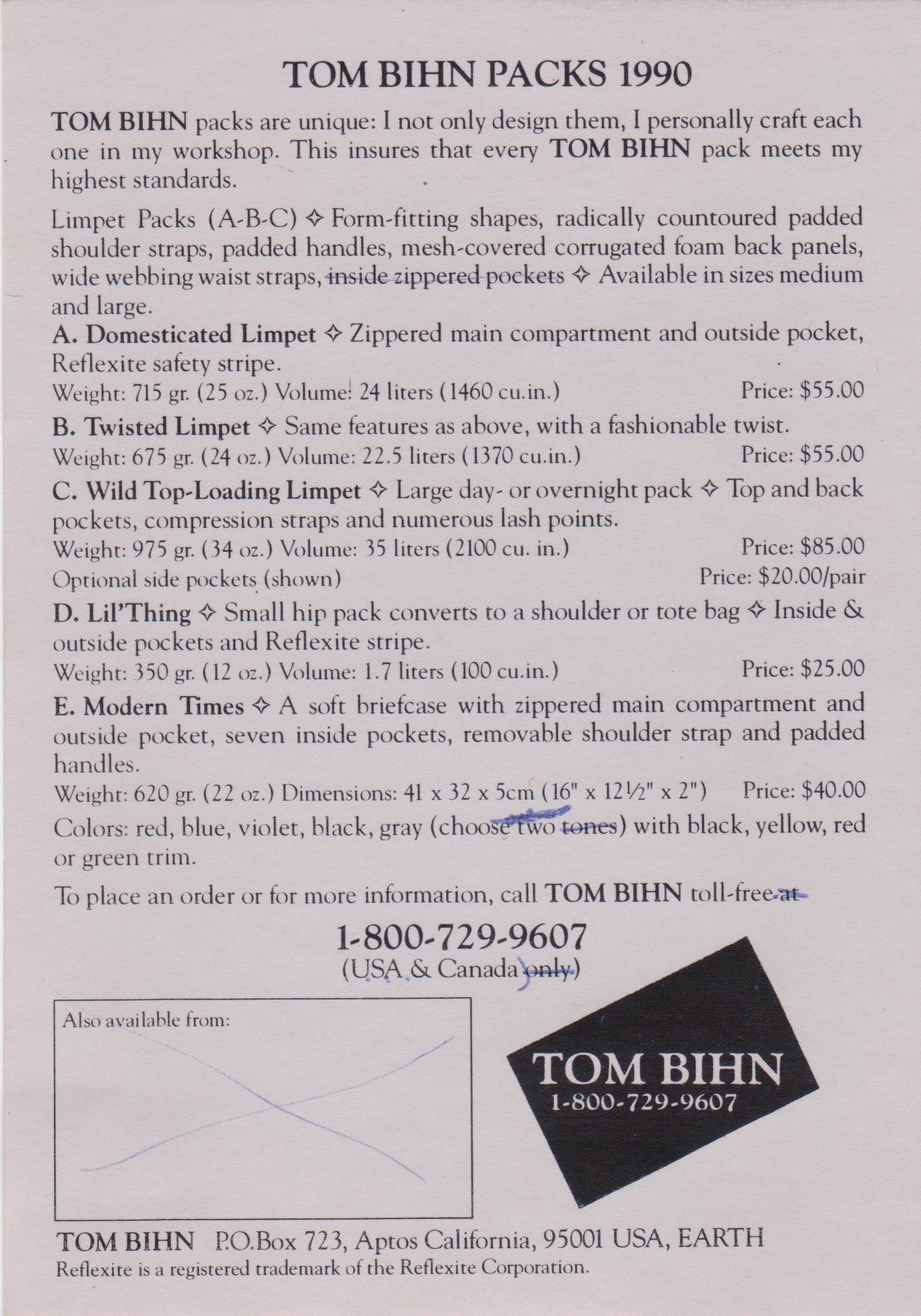 Backside of an early print catalog — in this case the "catalog" was a 4" x 6" postcard.