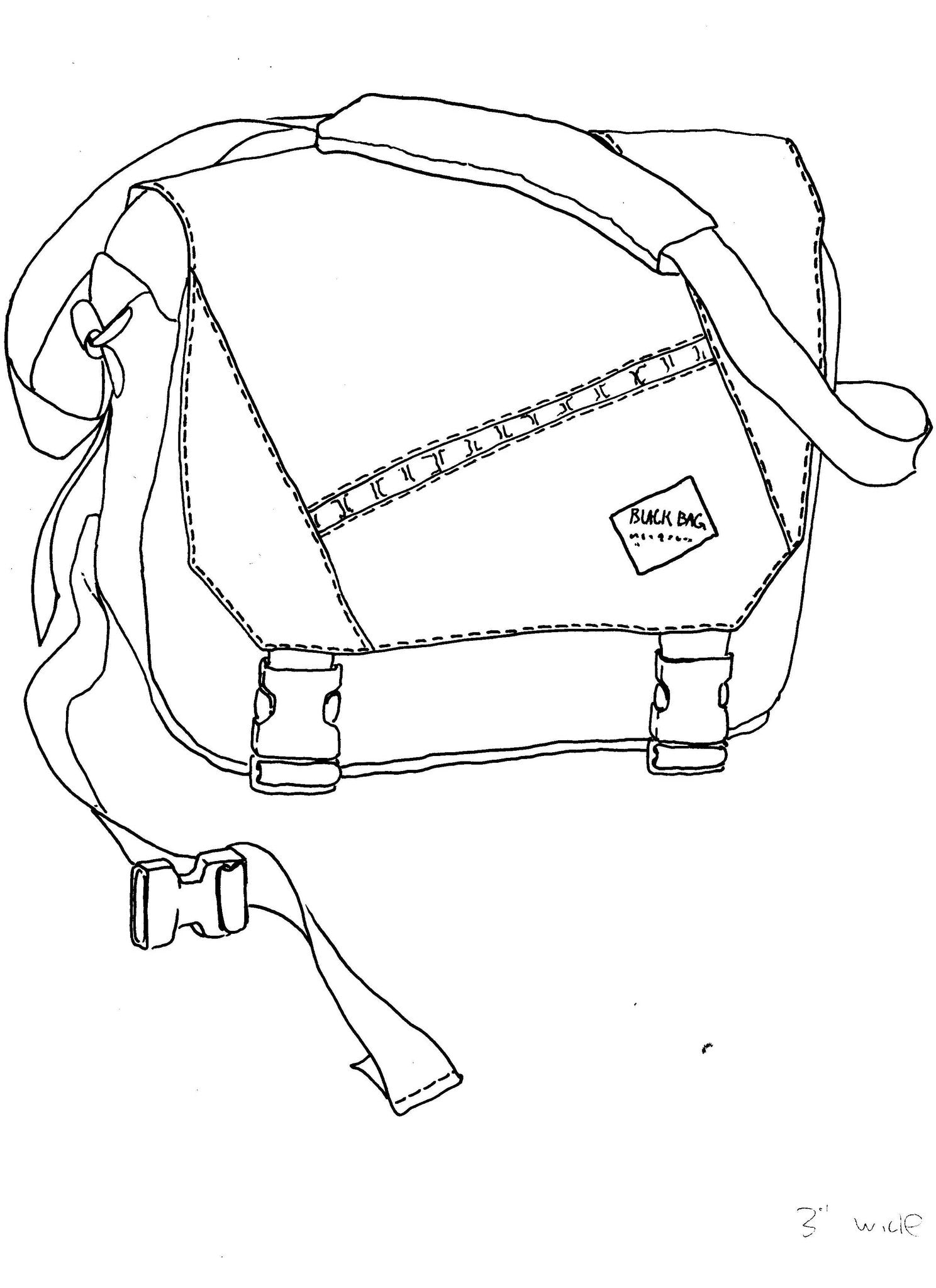Line drawing of the Super Musette ﻿messenger-style shoulder bag, circa 1998.