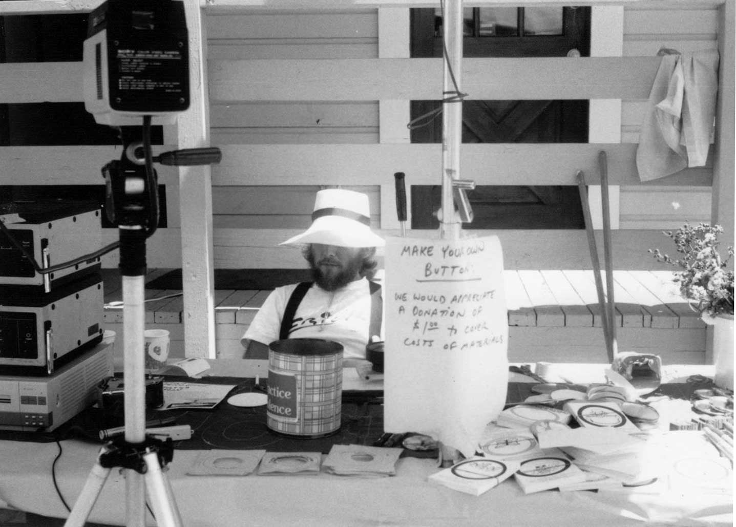 Tom volunteering at an event for the Resource Center for Nonviolence in Santa Cruz, California. Late 1980s, photo by Tom's friend Doug Rand.