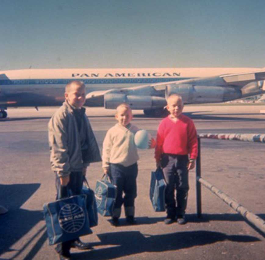 Tom (center), seems always to have had a thing for bags. Flanked here by the other Brothers Bihn, Dan (right) and Greg (left). Tom's father Michael flew for PanAm.  Departing for the East Coast, circa 1965.