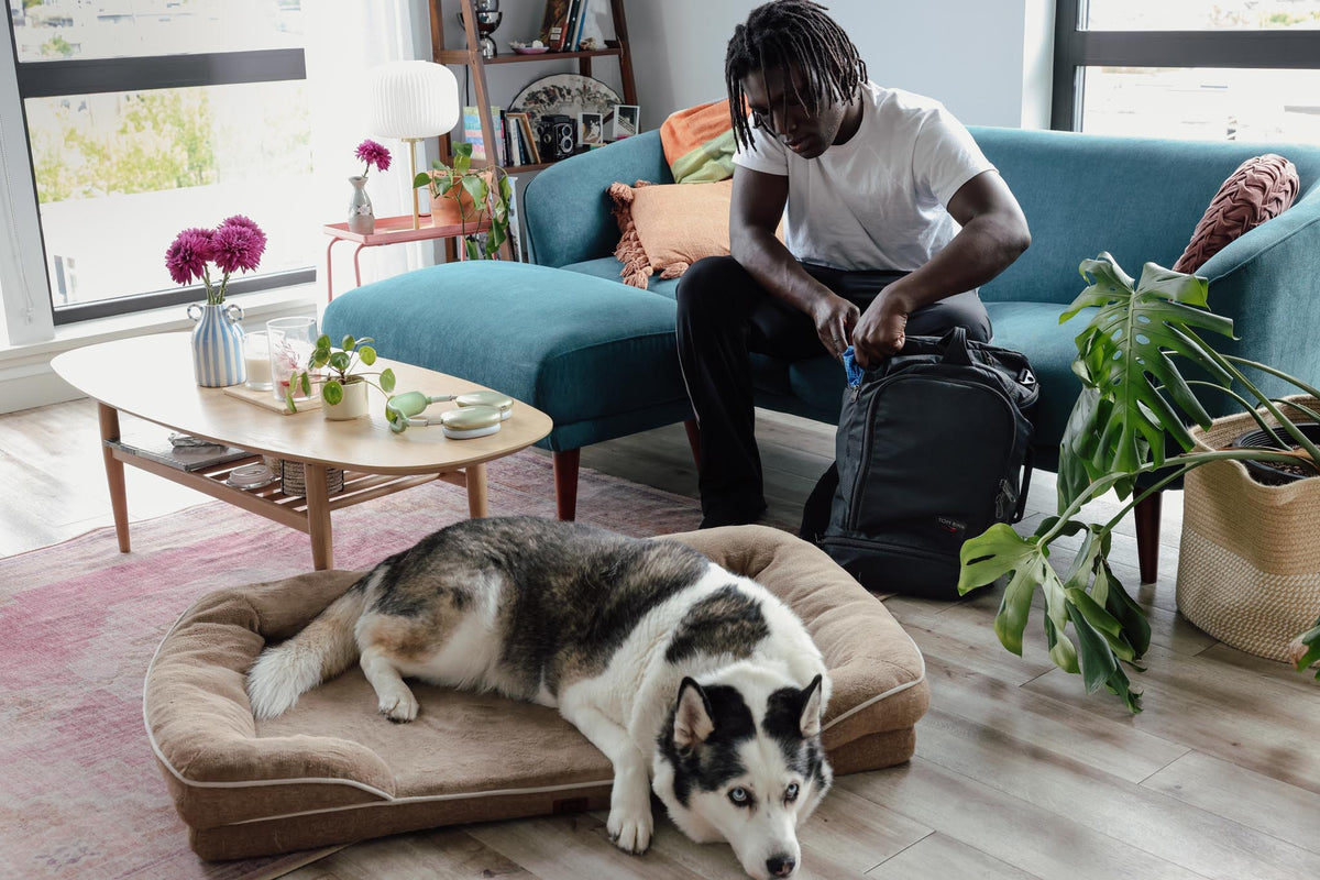 A person with their dog packing a Techonaut 45