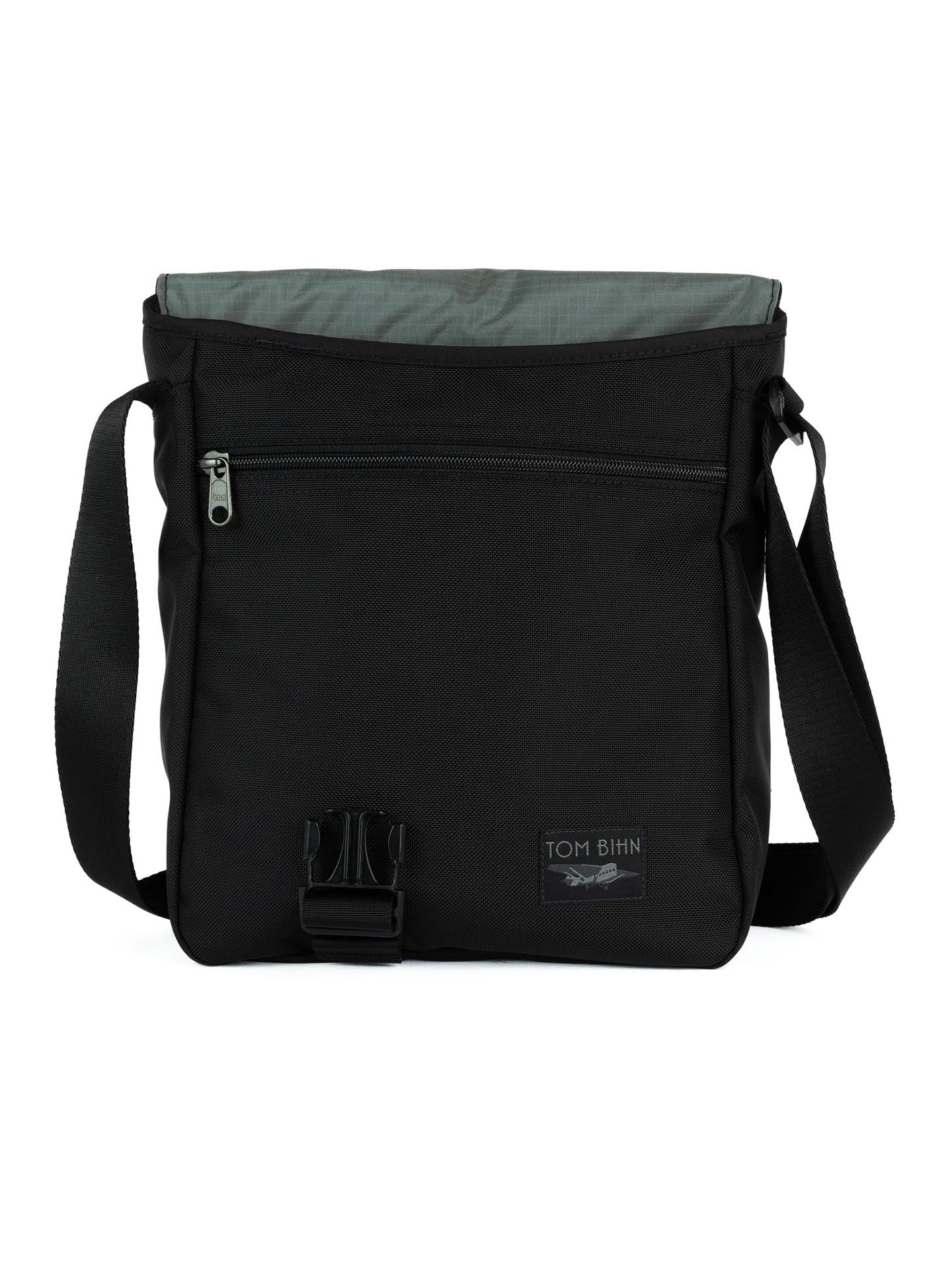 Black crossbody bag with a visible brand logo on a white background