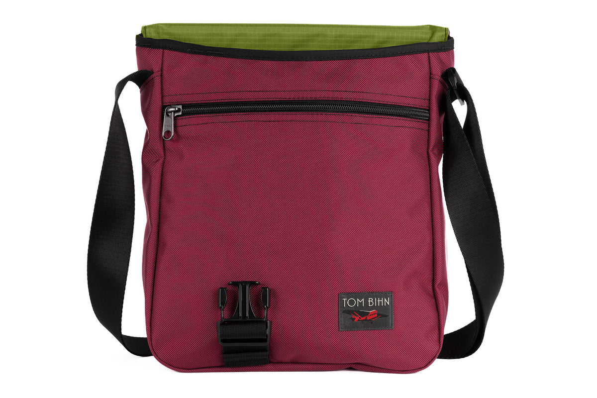 visible variant TB0202-PKML^^Medium Cafe Bag in Raspberry (pale red) Ballistic with Moss 210 Cerylon interior.