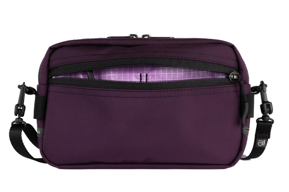 visible variant TB0413-UKYD^^A Side Effect in Aubergine (dark purple) Ballistic with Wisteria (pale purple with white grid) 200 Halcyon interior.