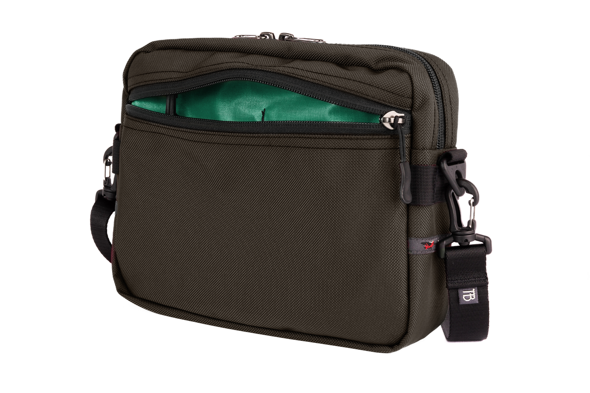 visible variant TB0414-RKEL^^The Side Kick in Ursa (brown-grey) Ballistic with an Emerald (dark green with green grid) 210 Cerylon interior.