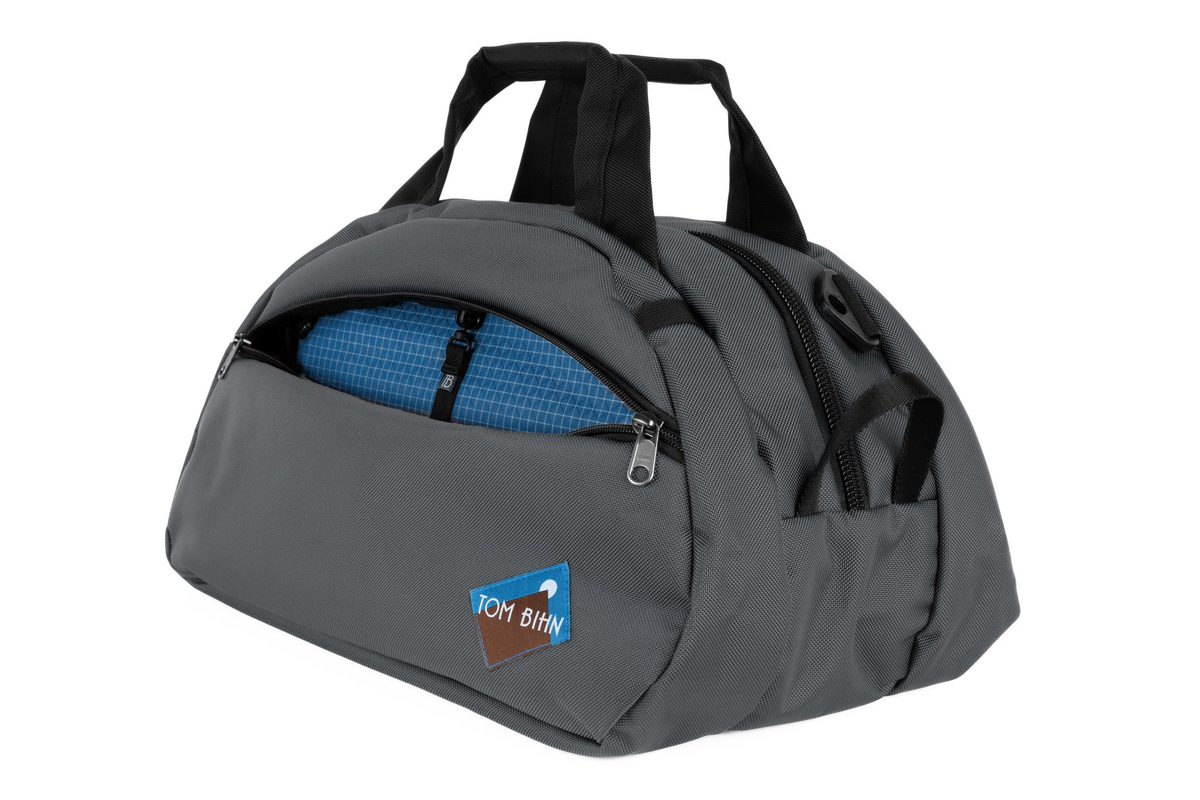 visible variant TB0435-GKFD^^The Old School Carry All in Nebulous Grey 630 Ballistic with Fjord (blue with white grid) 200 Halcyon interior.