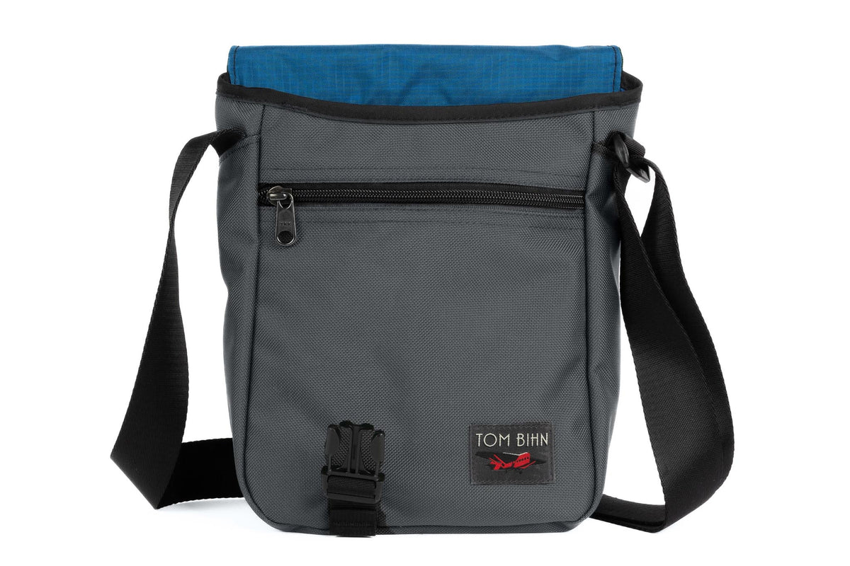 visible variant TB0201-GKOL^^Small Cafe Bag in Nebulous Grey Ballistic with a Cobalt 210 Cerylon interior.