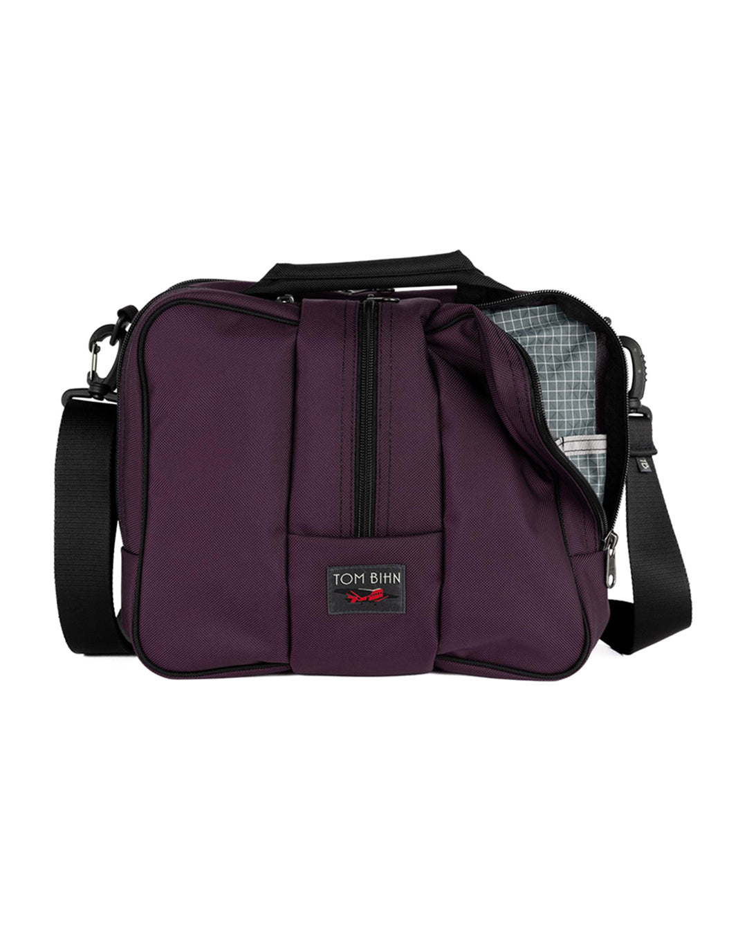 Purple bag with a visible brand label on a white background