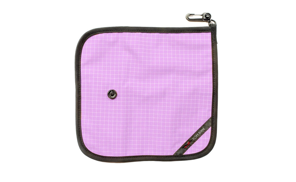 visible variant TB1235-YD^^The back of a Tool Pen Wrap in Wisteria (lilac purple with white grid) 200 Halcyon.