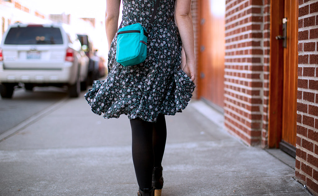 ^^Person walking down the street wearing the Everyday Cubelet.