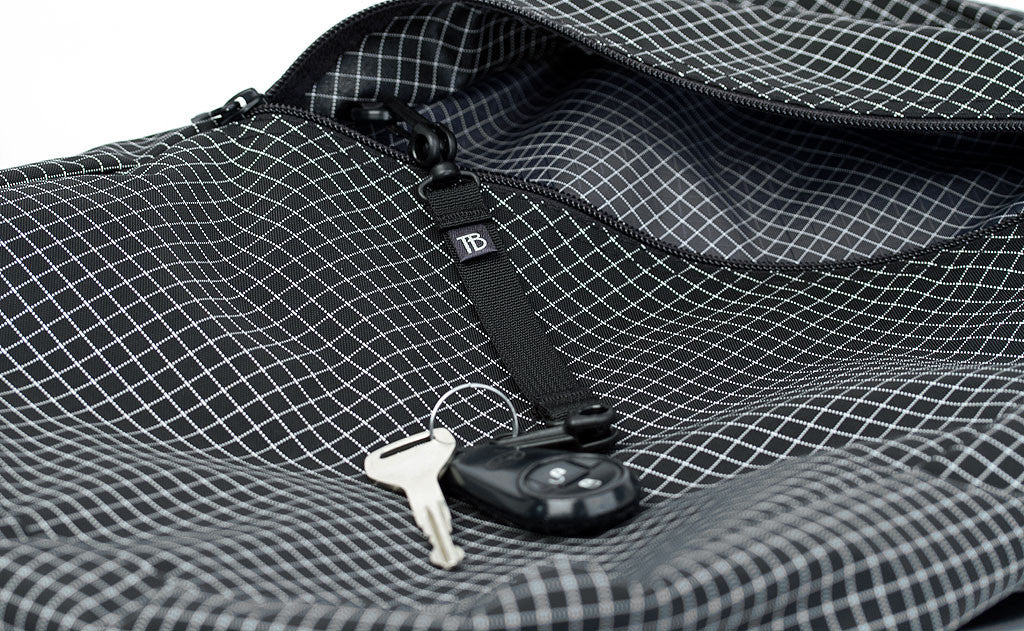 ^^Daylight Backpack with a pair of keys attached to the o-ring in the front zippered pocket
