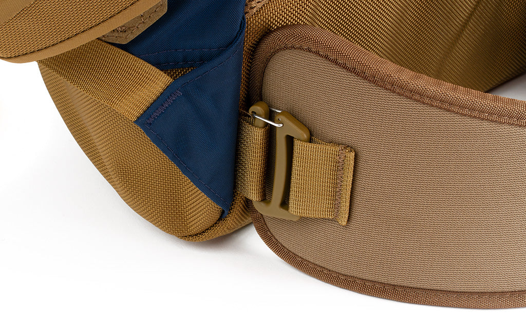 detail visible^^A close shot of the attachment point of the padded hip belt on the Guide's Pack.