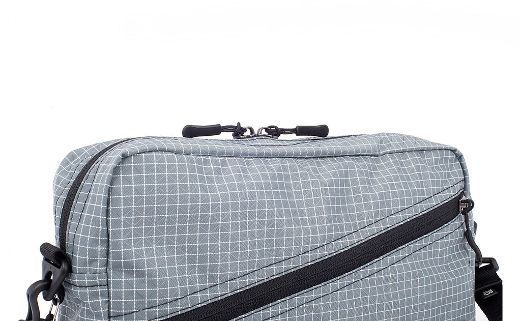 A close shot of the Packing Cube Shoulder Bag's main compartment zipper.