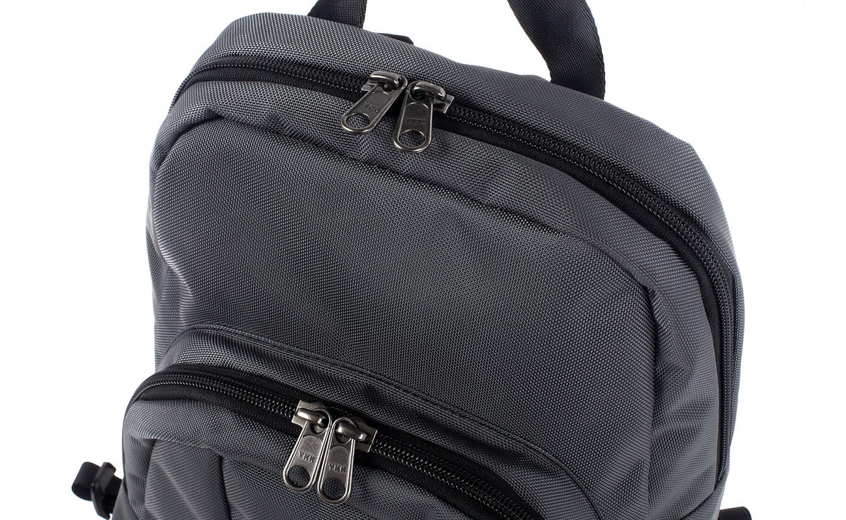 Close shot of the Paradigm's main and front pocket zippers.