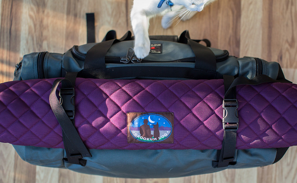lifestyle visible^^The Road Buddy Lash Straps holding a rolled Skookum Dog Camp Mat on a Road Buddy Duffel 60.