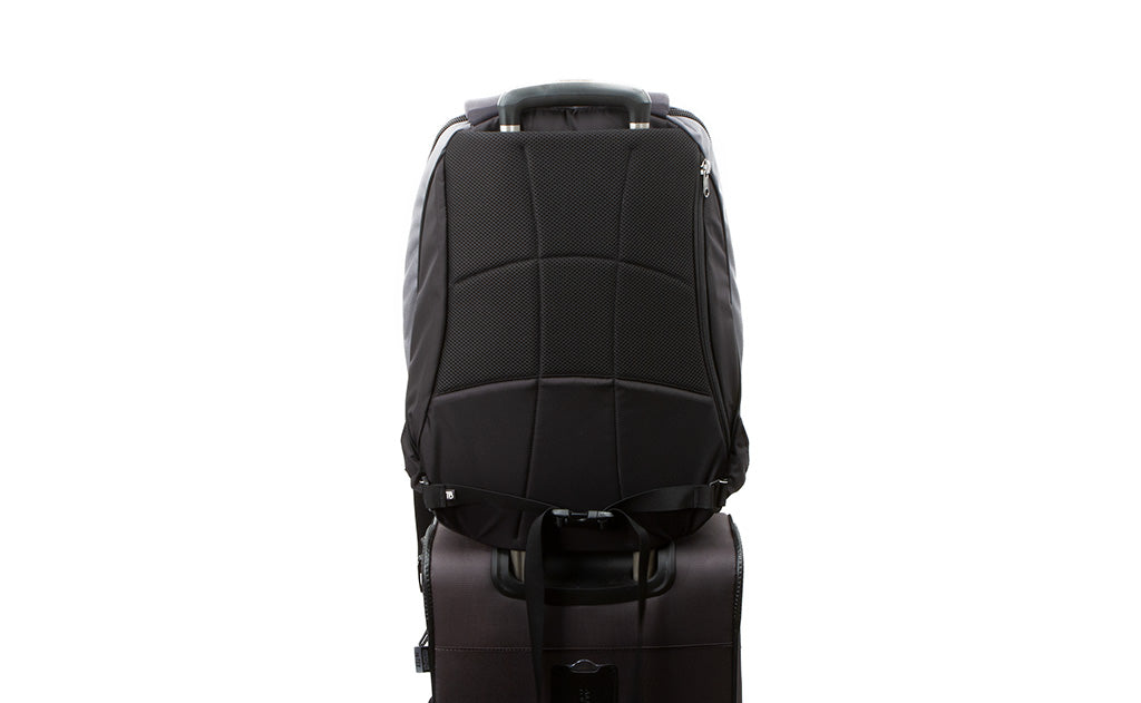The Synik 30 slid on the handle of a roll-aboard piece of luggage, held in place by the handle slip through.