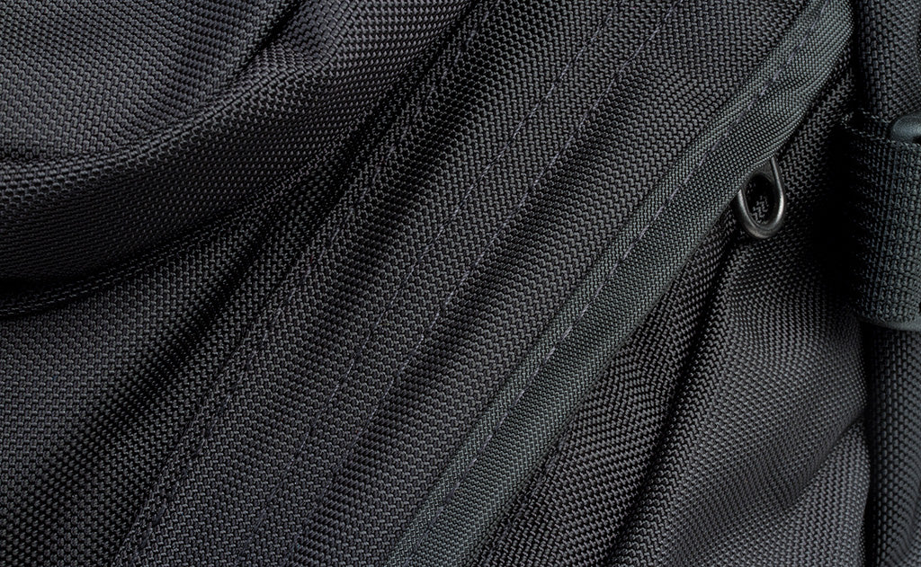 A close shot of one of the zipper flaps.