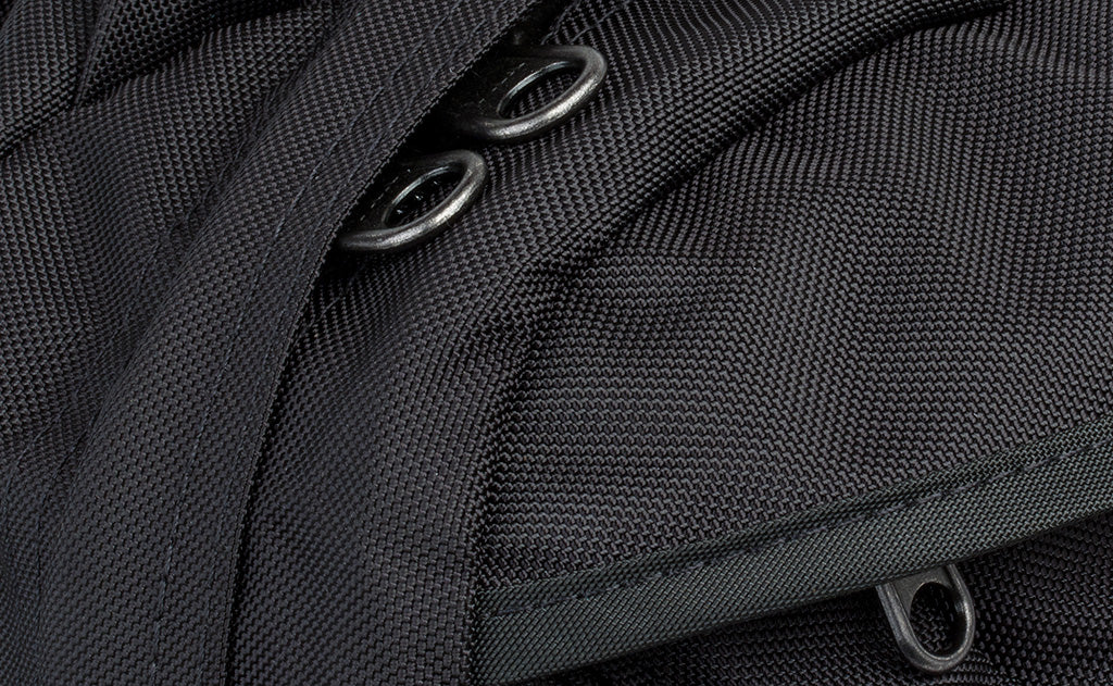 A close shot of the zipper pulls under the zipper flap.