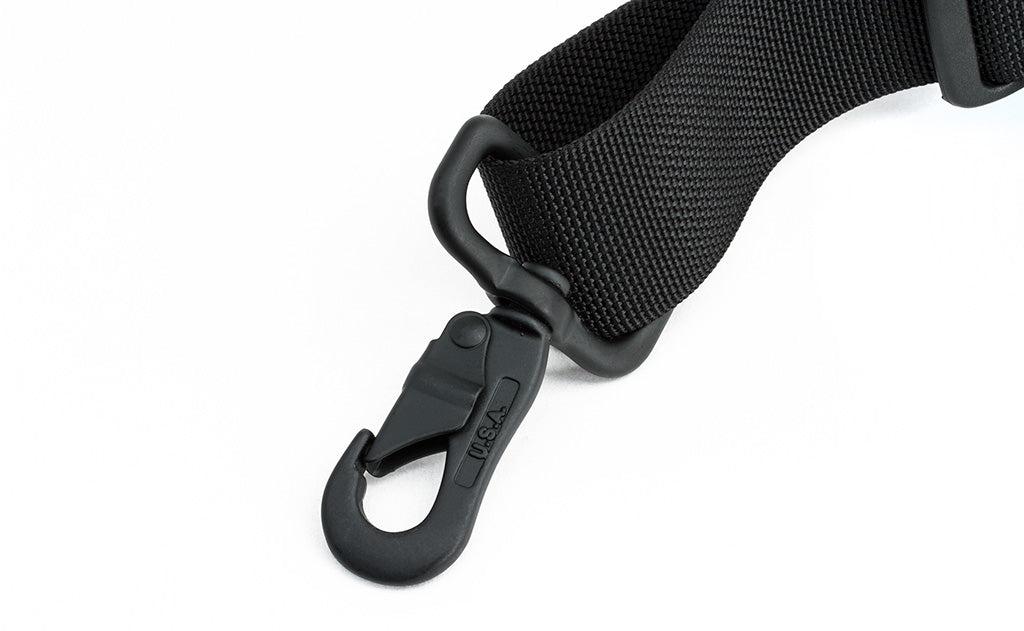 ^^A close shot of the metal snaphook on the Absolute Shoulder Strap.