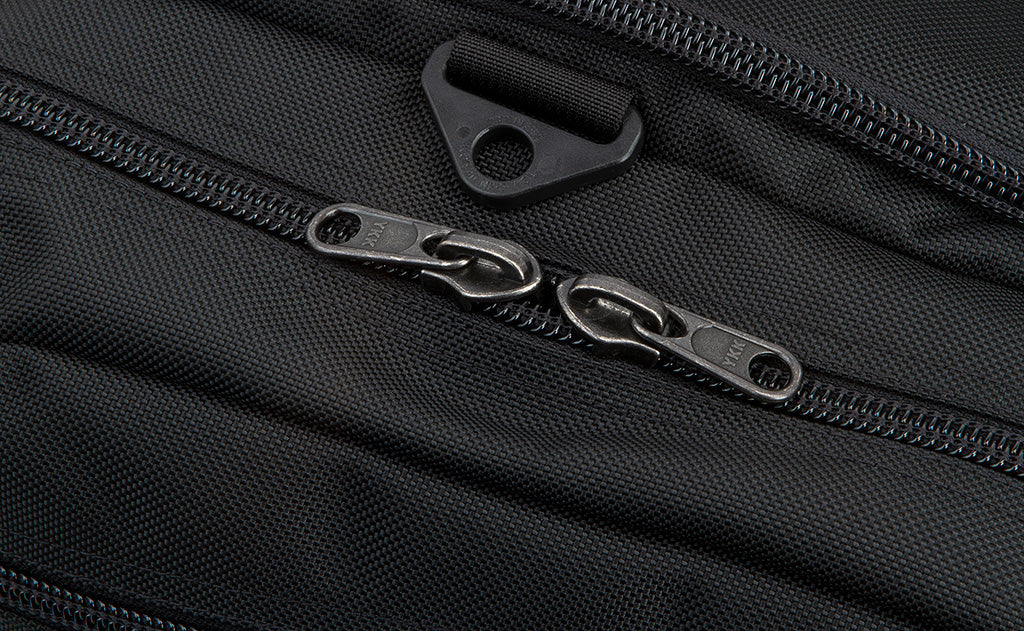 visible detail^^An close shot of the zippers on the Road Buddy Duffe