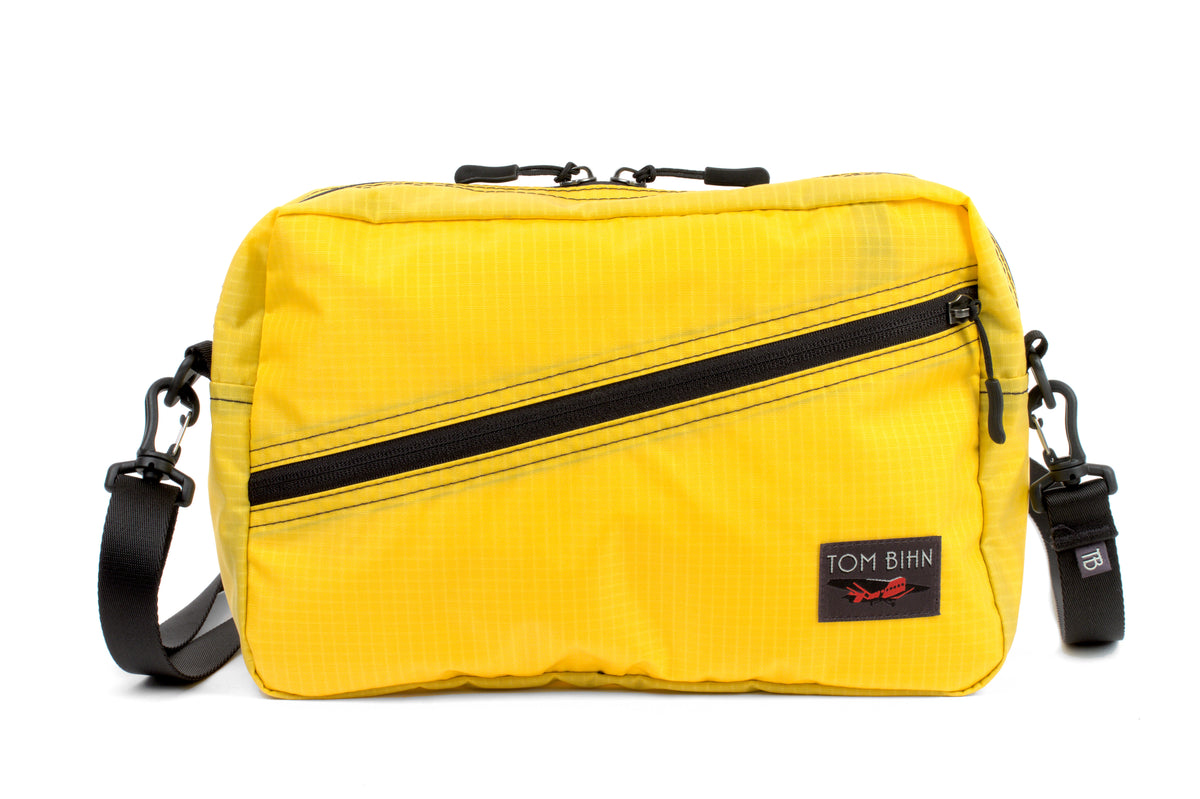 visible variant TB0921-RL^^A Packing Cube Shoulder Bag in Marigold (yellow with light yellow grid) 210 Cerylon with 1" Shoulder Strap attached.