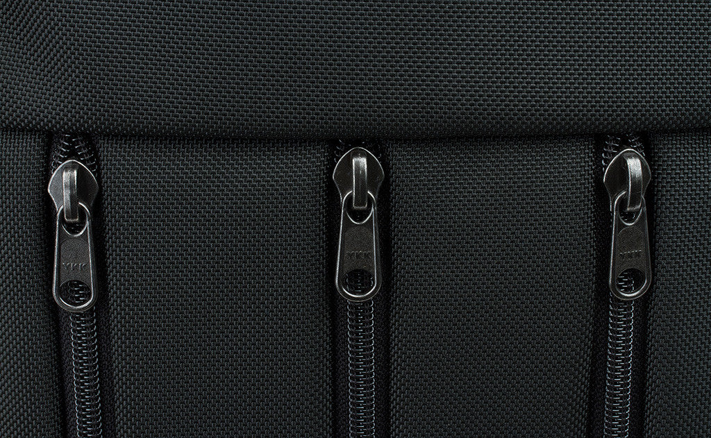 A close shot of the three front zippered pockets.