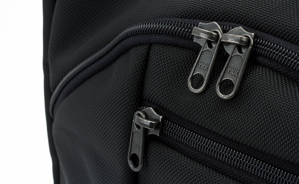 A close shot of front compartment zippers of the Parental Unit.