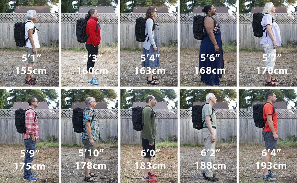 ^^A variety of people of different heights wearing the Aeronaut 30.
