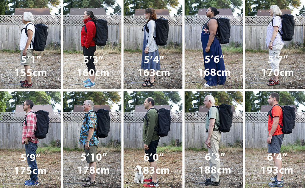 ^^People of different shapes and sizes from 5'1" to 6'4" wearing an Aeronaut 45 on their back.