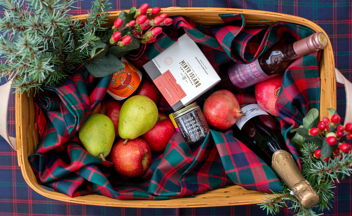 detail visible^^Home Modern and Glasgow Tartan Shepherd's Wool Utility Clothes as part of a gift basket.