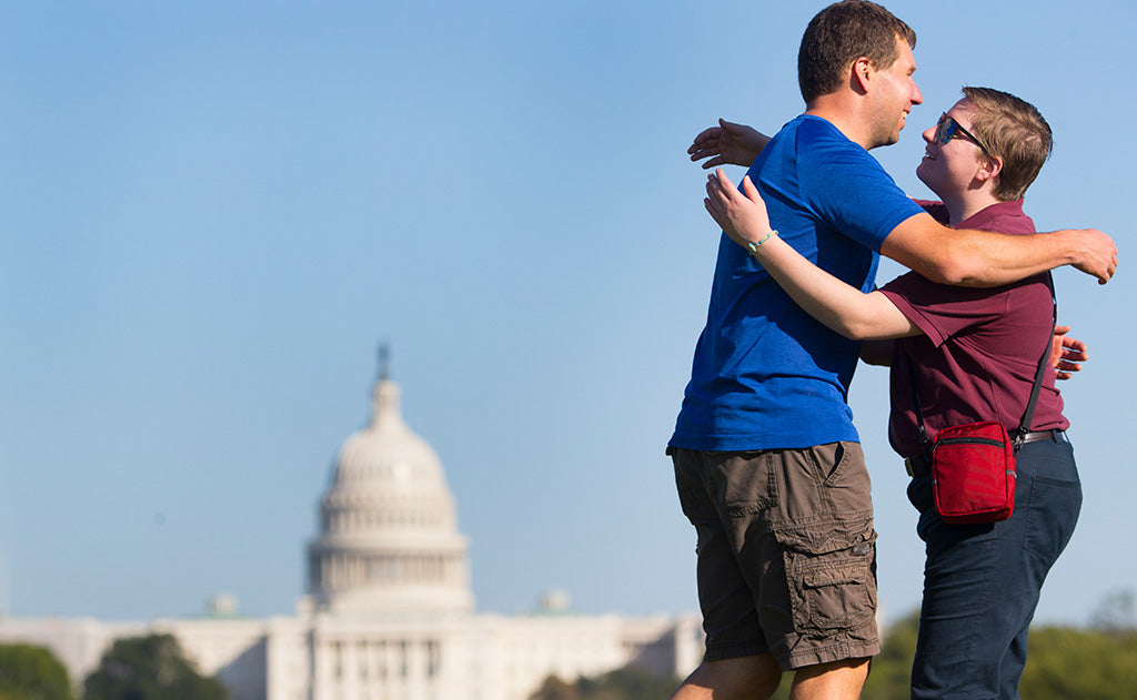 ^^Two people hugging while one of them wears an Everyday Cubelet.