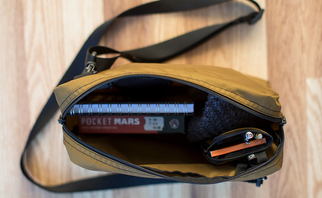 lifestyle visible ^^ An open Small Ghost Whale Pouch in a Packing Cube Shoulder Bag.