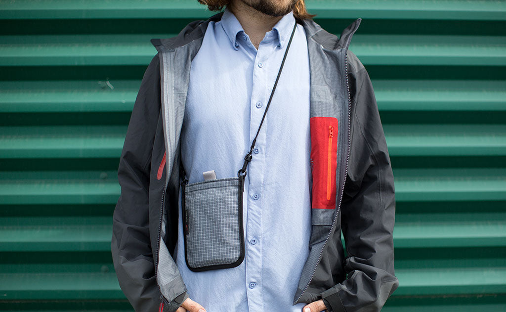 lifestyle visible^^A person wearing the Passport Pouch around their neck.