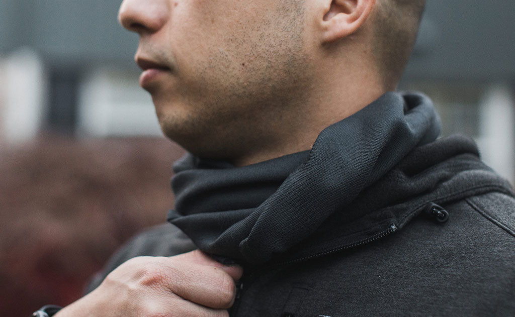 lifestyle visible variant^^A person wearing the Shepherd's Wool Utility Cloth as a kerchief.