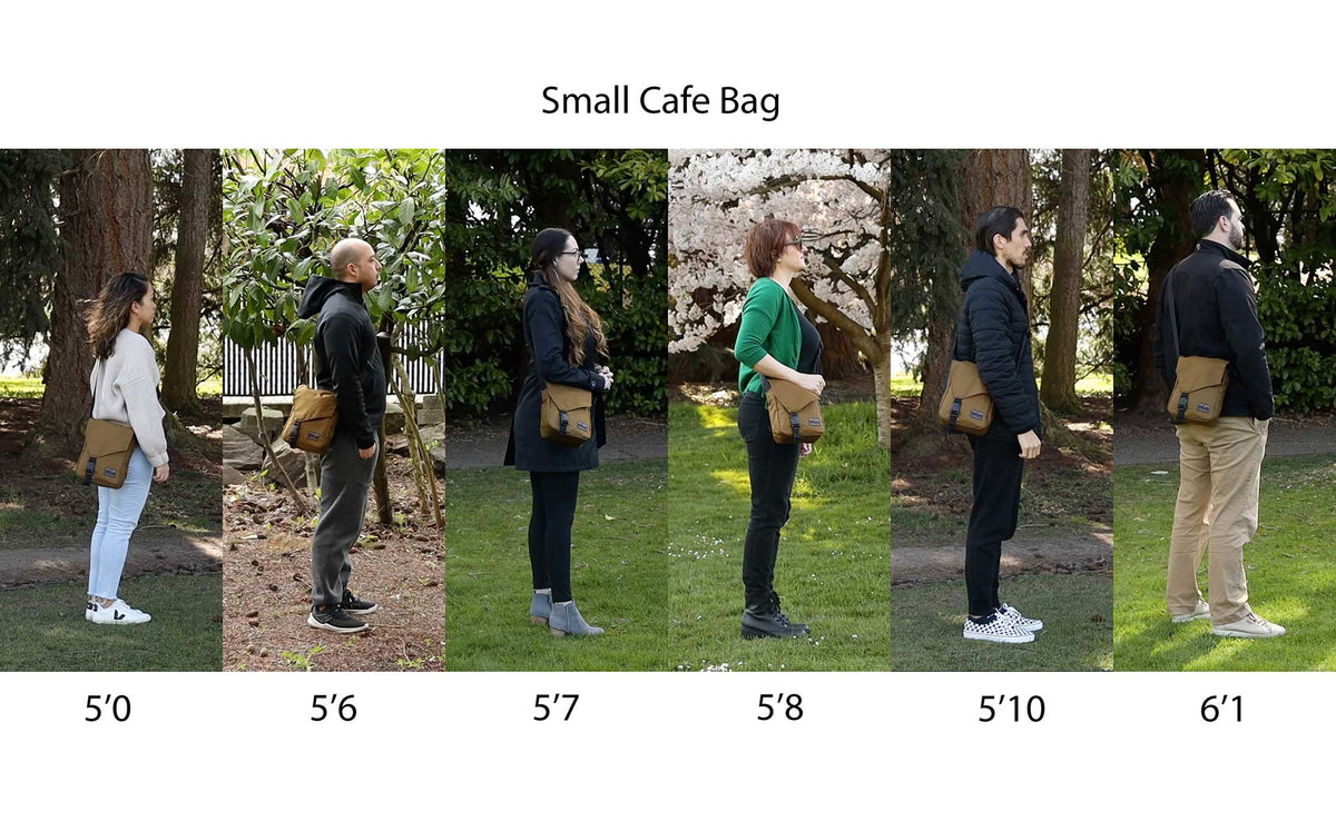 People of different heights standing side-by-side wearing the Small Cafe Bag.