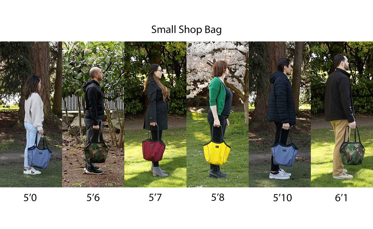 lifestyle visible^^Photo showing folks of various heights side-by-side holding Small Shop Bags.