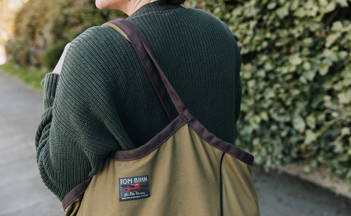 lifestyle visible^^Close-up of the Olive Cotton Twill Shop Bag.